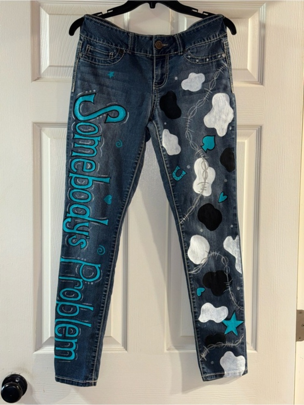 Maurices Dark Wash Skinny Jeans with Turquoise Graphic Script